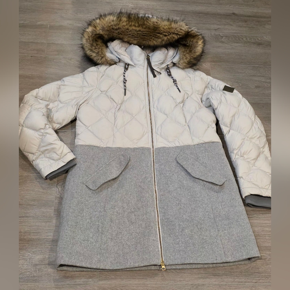 Eddy Bauer Lanely Hybrid Goose Down Parka Hooded Grey Womans Large